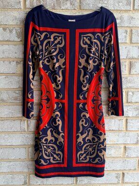 Cache 3/4 Sleeve Boat Neck Stretch Multicolor Abstract Dress Women's Size S